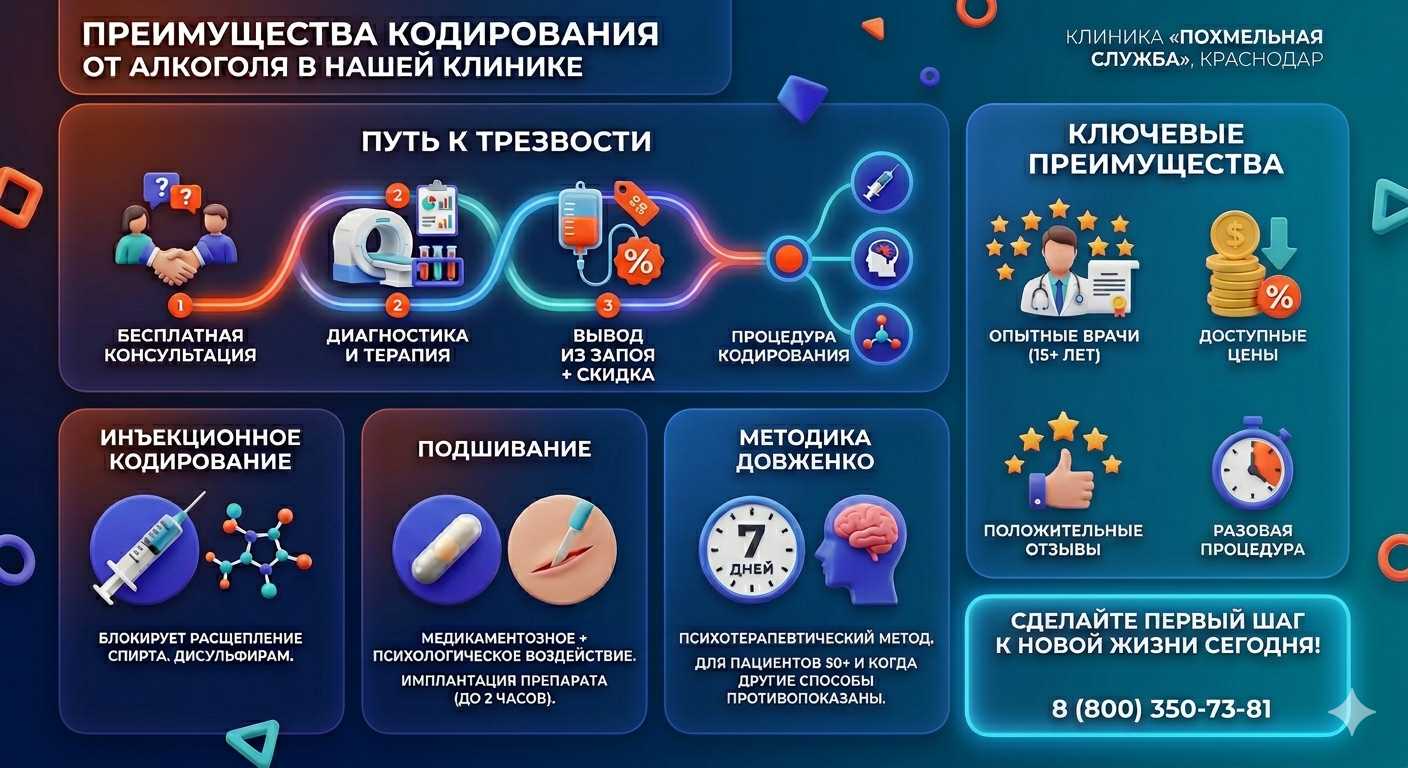 Инфографика о методах кодирования от алкоголя в Благовещенке: инъекции, подшивание, метод Довженко. Преимущества клиники и этапы лечения.