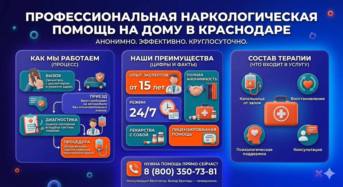 Инфографика о принципах лечения алкоголизма на дому в Благовещенке: этапы вызова нарколога, преимущества анонимной детоксикации и состав медицинской помощи.